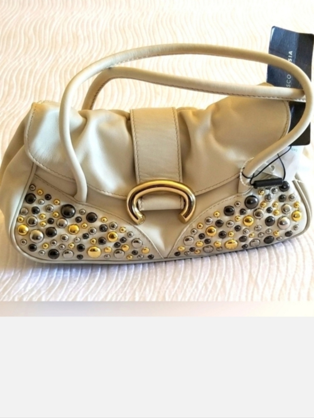 Francesco Biasia Leather Top Handle Mini Bag with Stud Embellishment, Ivory, NWT